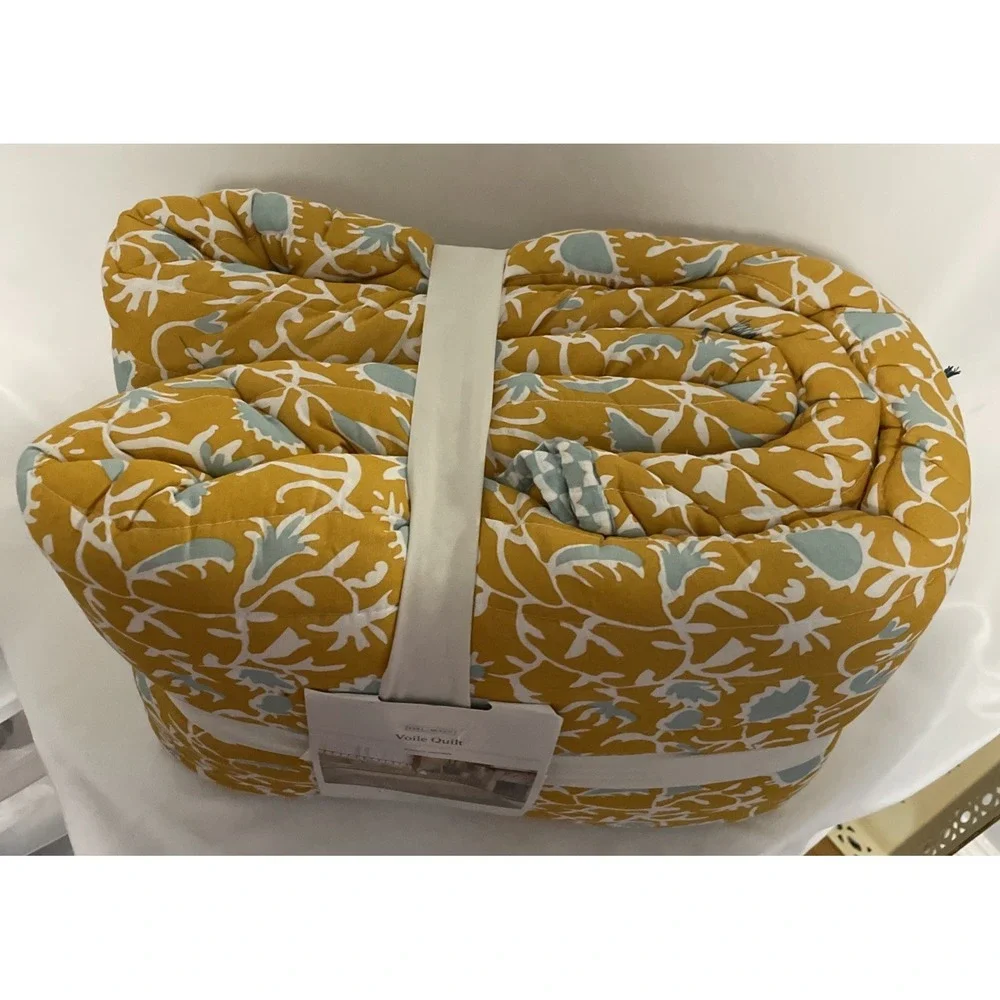 NEW Threshold Full/Queen Earthy Vines Quilt 100% Cotton Mustard Yellow Teal NWT